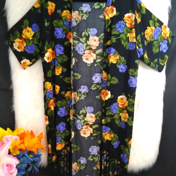 Asos Black Multi Color Floral Open Short Sleeve Fringed Robe Cover Up Size 8 - Picture 3 of 11